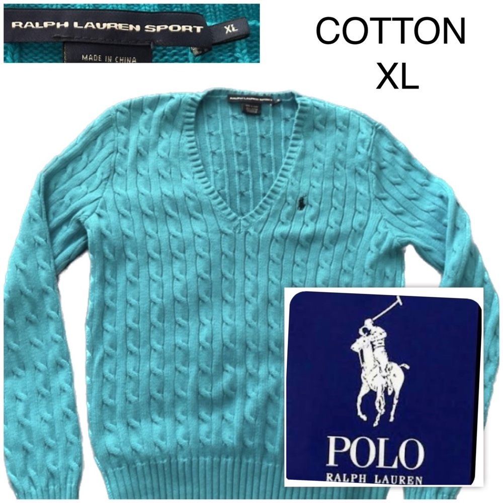 Ralph Lauren V-Neck Cotton Cable Knit Sweater - Turquoise Size XL